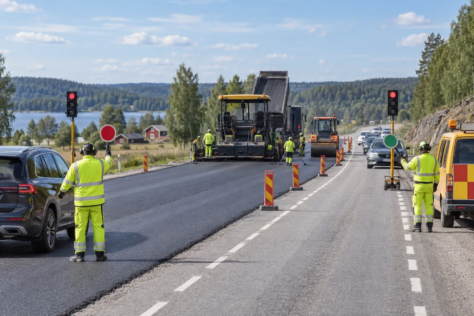 Dubbellots och trafiksignal ska reglera trafiken under beläggningsarbete