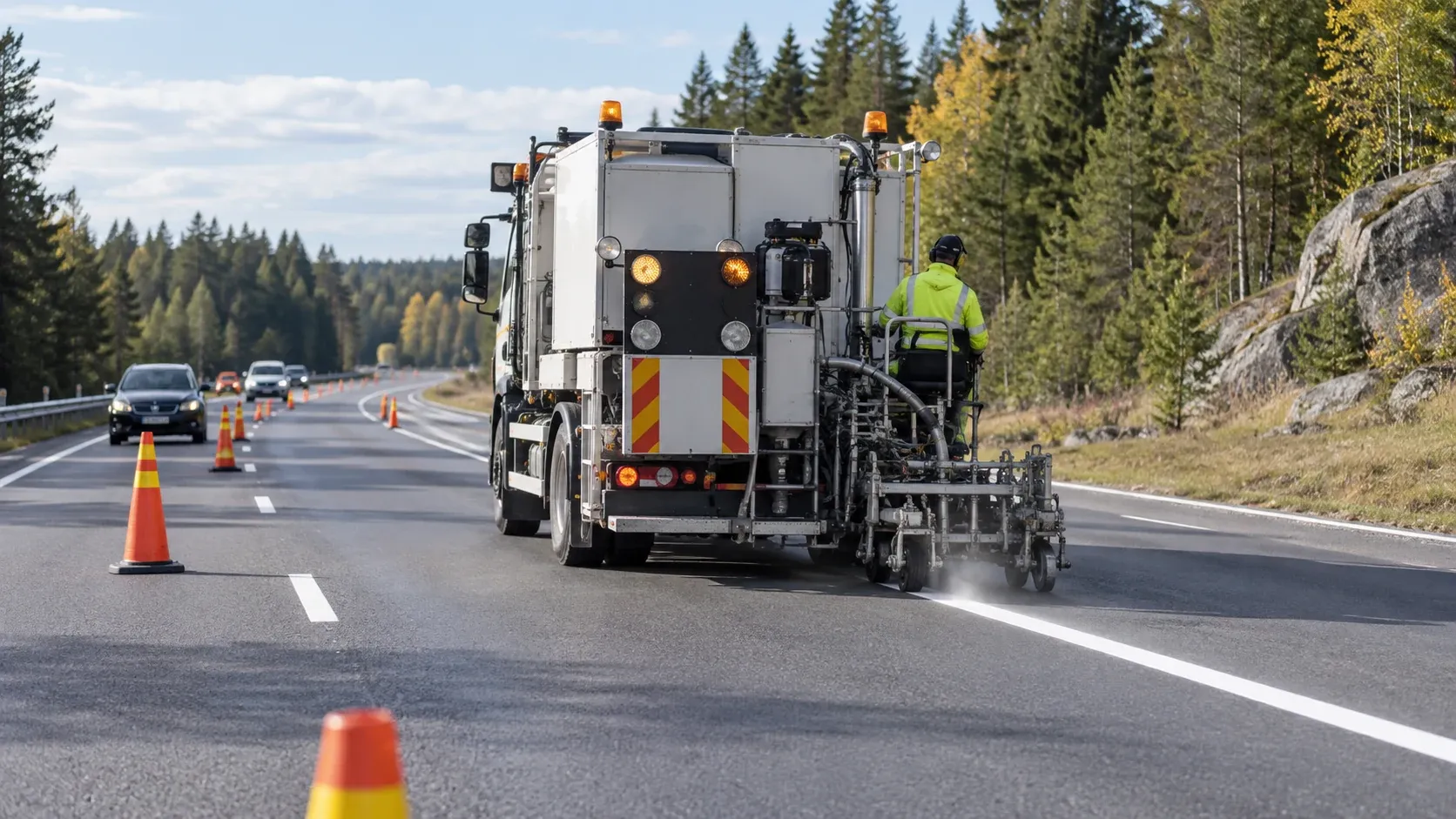Långsamtgående fordon utför väglinjemålning på väg 66